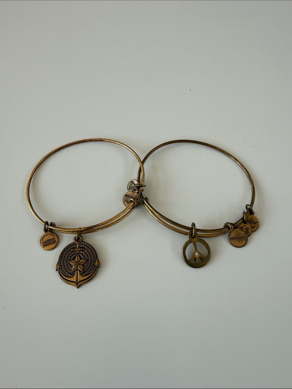 Alex and Ani Antique Gold Tone Charm Bangle Duo with Anchor & Peace Charms